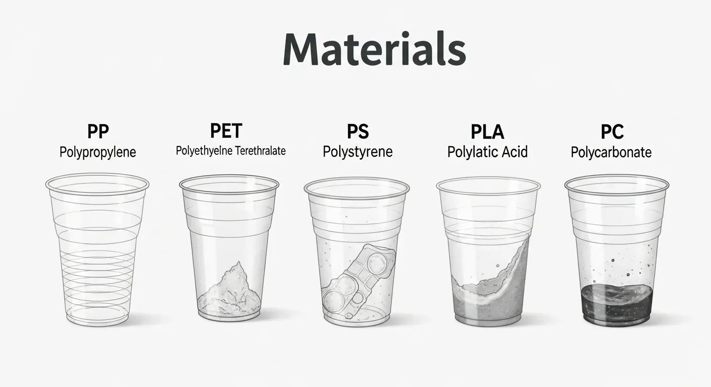 Comparison of five plastic cup materials PP PET PS PLA PC for beverage businesses