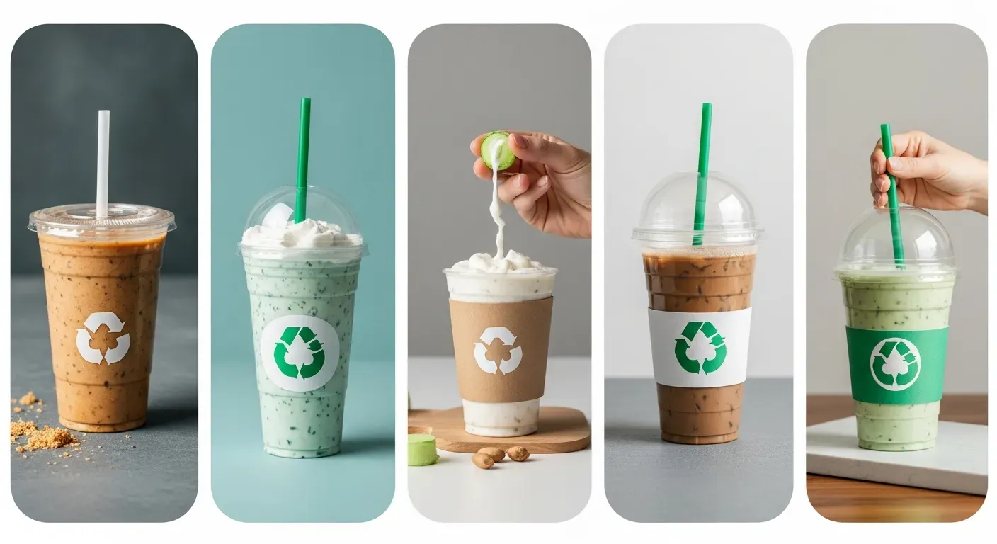Comparison of eco-friendly materials for plastic cups including PLA bioplastic and recycled rPET