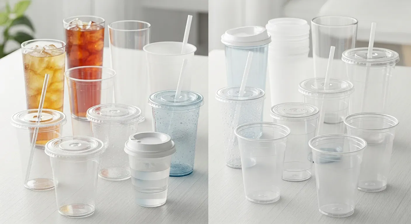 Various PP, PET, and PLA plastic cup types lined up with hot- and cold-drink usage labels