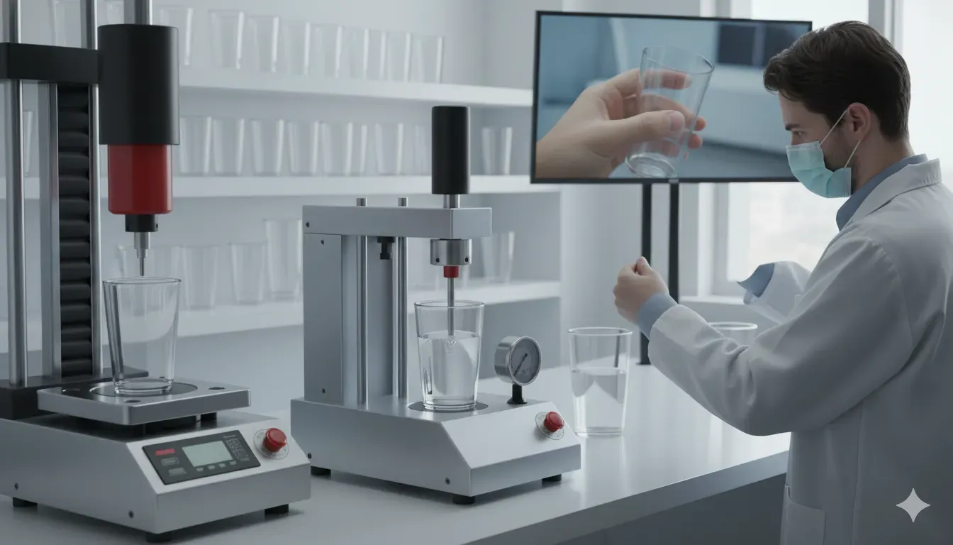 plastic cup quality testing process in a food-grade factory QC laboratory