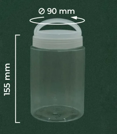 Toples tepung 1 liter dari plastik PET bening yang tebal dengan handle dan tutup berwarna