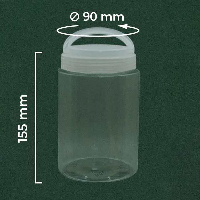 Toples tepung 1 liter dari plastik PET bening yang tebal dengan handle dan tutup berwarna