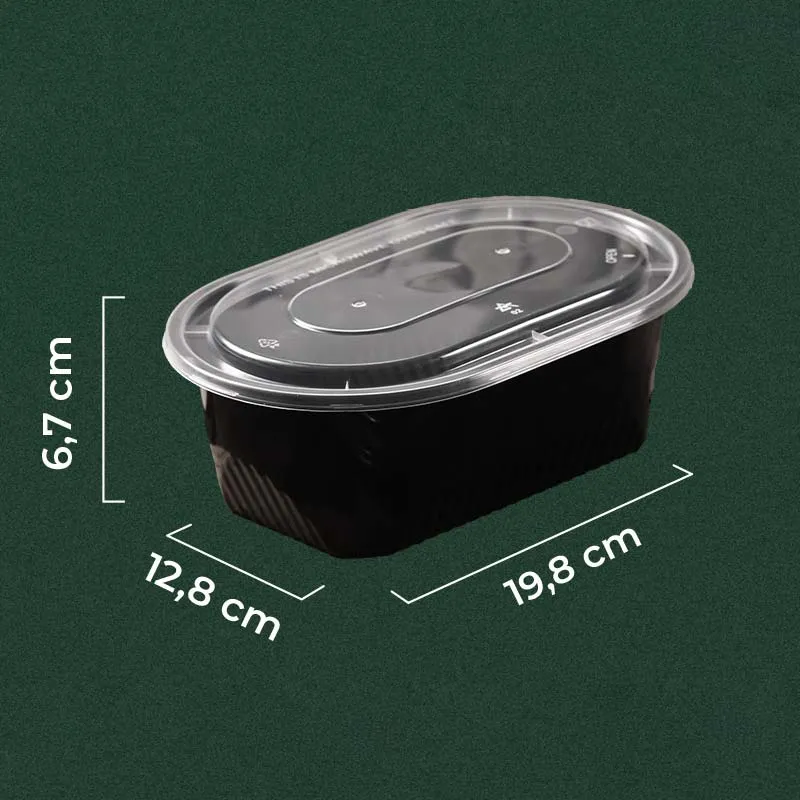 Wadah makanan thinwall 1000ml hitam berbentuk rectangle-oval yang mewah