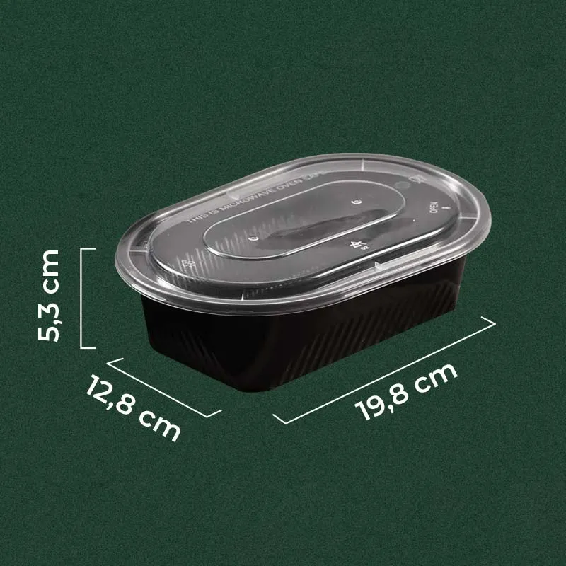 Wadah makanan thinwall 750ml hitam berbentuk rectangle-oval untuk rice bowl